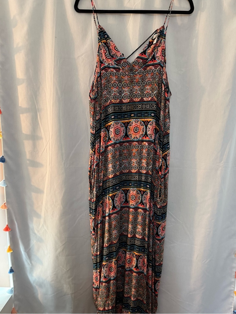 Xhilaration Coral, Navy & Cream Printed Spaghetti-Strap Maxi Dress with Pockets